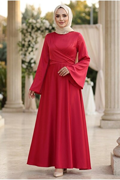 N.S NEVA STYLE Red Satin Hijab Evening Dress 6157K