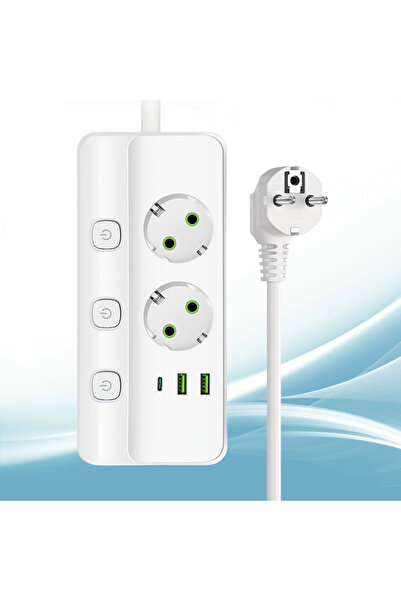 Choice كابل تمديد أبيض بطول 2 متر مع قابس أوروبي قياسي ومنافذ شحن USB وType-C...