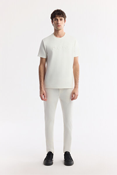 Avva Men's Off-White Classic Waist Soft Touch Cotton Slim Fit Trousers B003038
