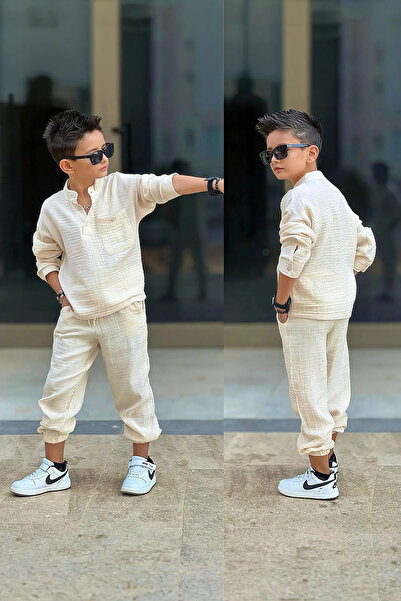 Minigimin Cicileri طقم مينيجيمين سيكلي موسيلين للأولاد مع جيوب - بيج
