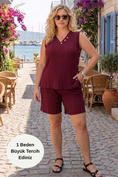 tarzımsüper Kadın Büyük Beden Yan Düğmeli Askılı Bluz Şortlu Rahat Yazlık Takım