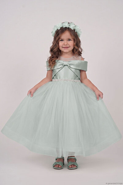 MONİTA Girl's Evening Dress with Bow on the Back, Flower Crown, and Pearl Det...