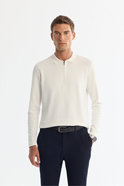 Avva Men's Ecru Zippered Polo Collar Rayon Non-Pilling Regular Fit Knitwear S...