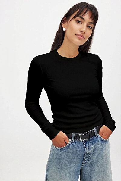CHEISU Women's Black Long Sleeve Crew Neck T-Shirt Blouse Camisole Ribbed