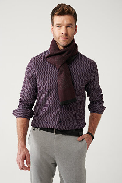 Avva Men's Claret Red Buttoned Collar Patterned Flexible Cotton Shirt A32Y2145