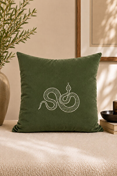 ASDİVA Velvet Fabric Green Snake Pattern Embroidery Embroidered Decorative Th...