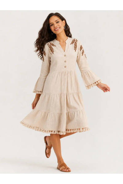 Cool & Sexy Brown Embroidered Skirt with Tassels Linen Dress