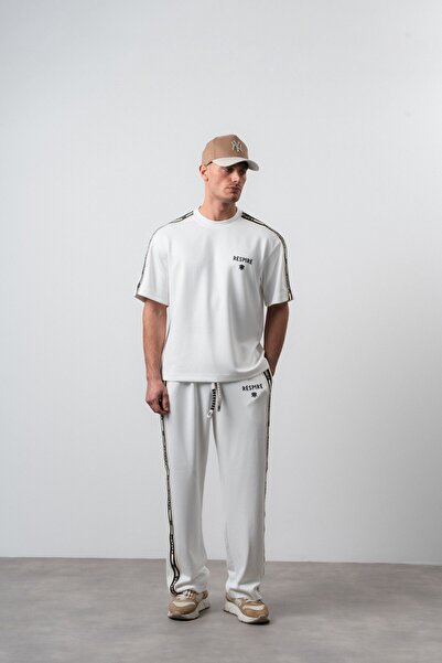 Respire Men's Striped Detailed Regular Fit T-Shirt Trousers Set Ecru