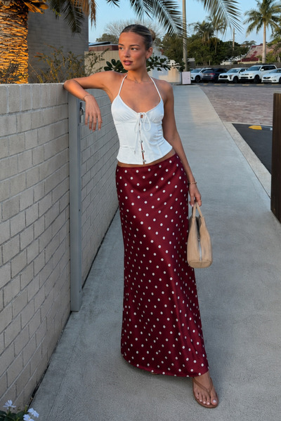 Seeh Burgundy Polka Dot Maxi Women's Satin Skirt Sh385