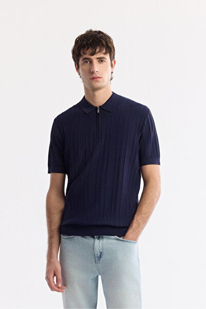 Avva Men's Navy Blue Polo Neck Rayon Knitwear Regular Fit T-Shirt A51Y5046