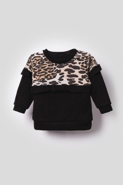 Bubito Baby Girl Leopard Detailed Ruffle 2-Piece Top and Bottom Set - Black