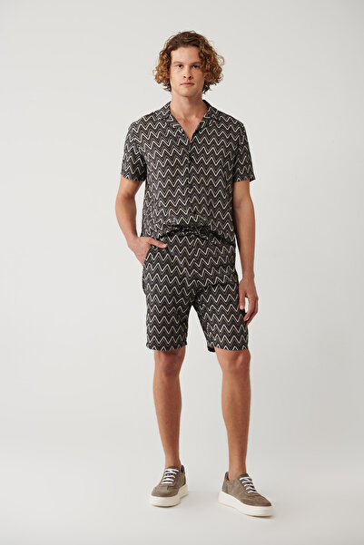 Avva Men's Black Elastic Waist Patterned Viscose Blend Etenna Relaxed Fit Sho...