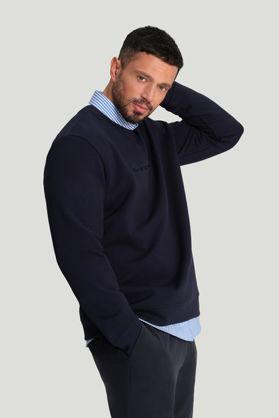 Avva Men's Navy Blue Crew Neck Cotton Printed Elastane Regular Fit Sweatshirt...