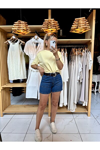 Gözde Tasarım Butik شورت جينز قصير نسائي باللون الأزرق الداكن مع جيوب مزيفة