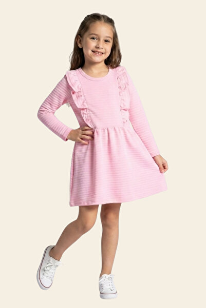 CRASSİ Girl's Long Sleeve Dress with Ruffles, Lycra, Self-Patterned Ottoman F...