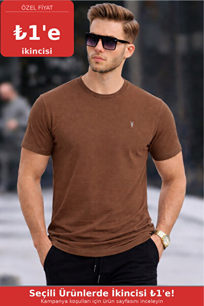 COMBİNE MİCHAİL Tricou maro guler rotund Slim basic pentru bărbați