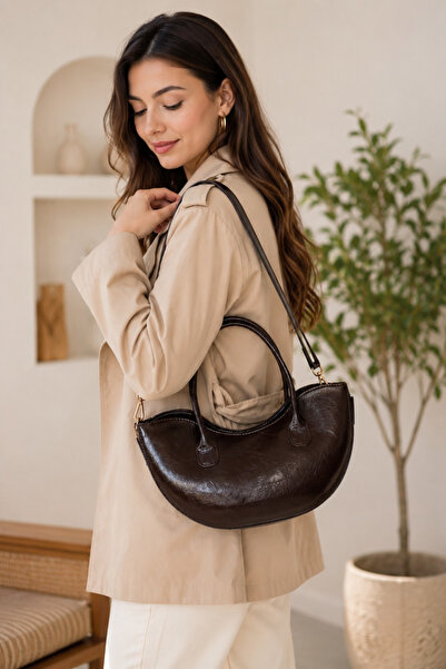 Classbag Modern Cross Strap Bitter Brown Moon Bag Women's Hand Shoulder Bag