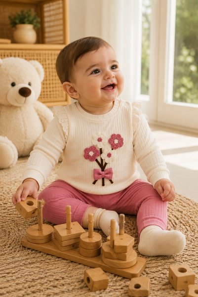 dinamik çocuk Baby Girl Süzene Daisy Bowknot 2-Piece Top and Bottom Set - Ribbed 2-Thread Seasonal 3-6-9-12 Months