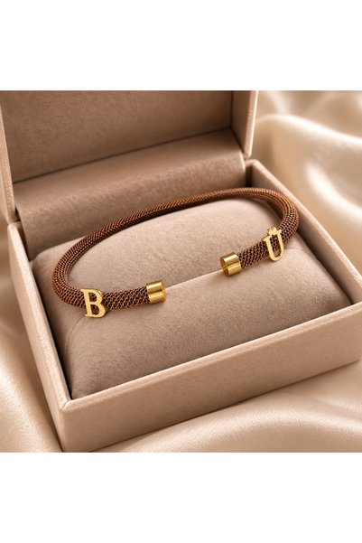 simurg jewellery Gümüş Sarı Harfli Kahve Çelik Bileklik
