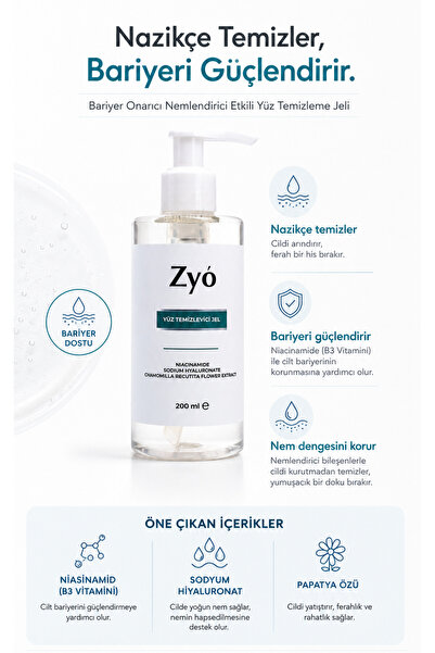 Zyo Yağlı Ve Karma Cilt Tipleri İçin Bariyer Onarıcı Nemlendirici Etkili Yüz Temizleme Jeli 200 ml