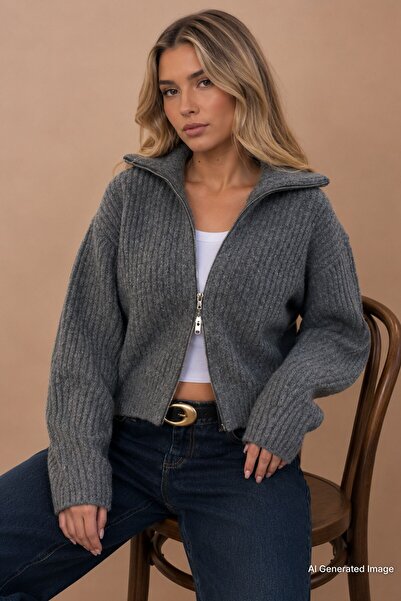 Madmext Anthracite Double Zipper Women's Knitwear Cardigan Mg2532