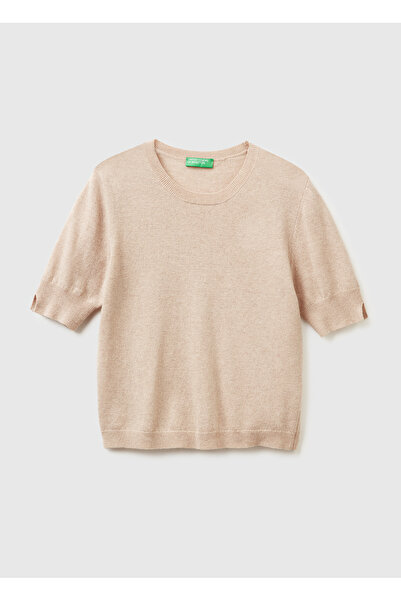 United Colors of Benetton Women's Ecru 100% Merino Crew Neck Short Sleeve Swe...