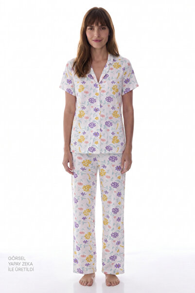 Penti Off-White Blossom Floral Kurzarmhemd-Hosen-Pyjama-Set