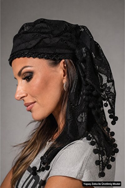 Senbeno Design SİYAH DANTEL PONPONLU BONCUKLU BANDANA CAP TÜRBAN ŞAPKA ÖZGÜN ...
