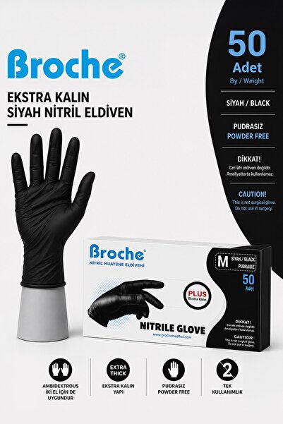 Broche Ultra Extra Kalın Siyah Nitril Muayene Eldiveni Pudrasız 50’li Paket -...