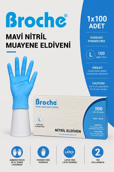 Broche TEK KULLANIMLIK PUDRASIZ NİTRİL ELDİVEN L BEDEN MAVİ 100'LÜ