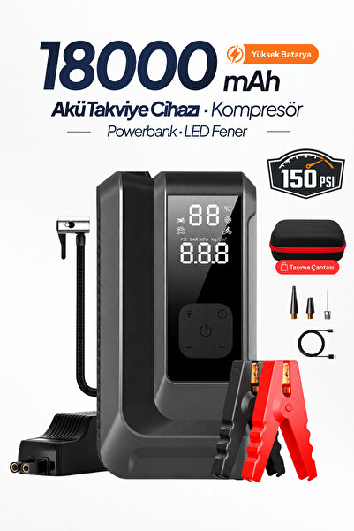 18.000 mAh Akım Korumalı Akü Takviye Cihazı, Lastik Şişirme Pompası, Powerbank Özellikli LED Işıklı Kompresör, Powerbank