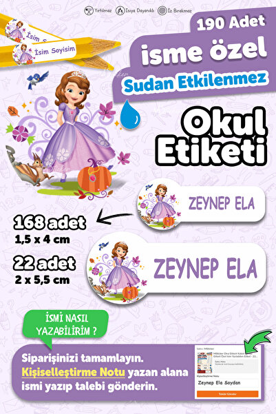 MSticker Okul Etiketi Kalem Defter Etiketi Prenses Sofia Temalı Isim Yazılabi...
