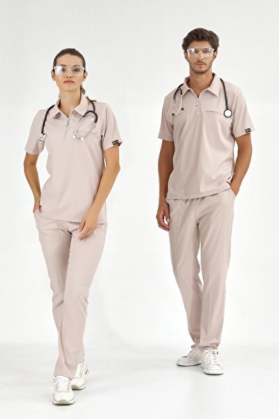 ÇİZGİ MEDİKAL Cream Polo Luxury Lycra Suit High Quality Lycra Scrubs Uniform