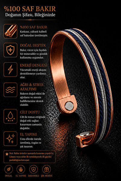 İyyaKee Men's and Women's Navy Blue Copper Bracelet with Leather Strips on To...