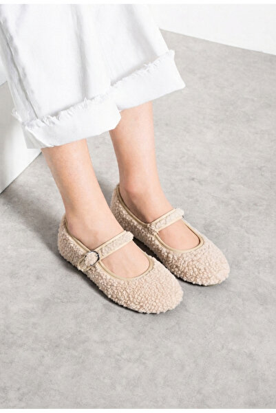 Nstil Daily Women's Buckle Beige Ballerina Low Heel Serrated Sole Plush Light...