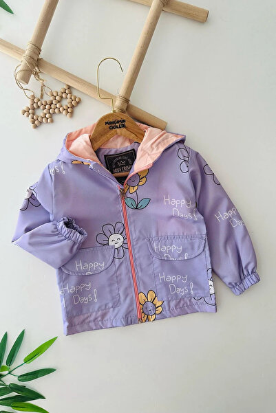 Minigimin Cicileri Purple Girl's Flower Printed Hooded Raincoat