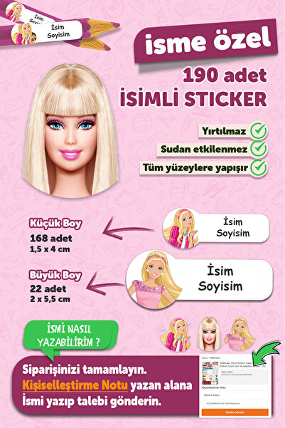 MSticker Okul Etiketi Kalem Defter Etiketi Barbie Özel Isim Yazılabilen Etike...