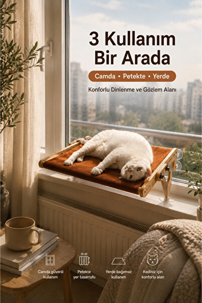 atolyeman Vantuzlu Cam/Pencere Ahşap Kedi Yatağı, Peteğe Asılabilir, Kalorife...