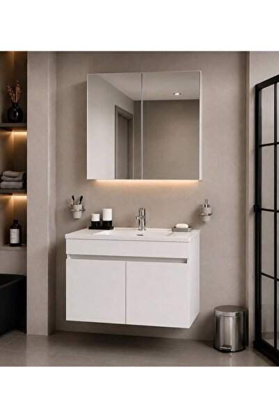 DEMEZLER MOBİLYA Modern 80 cm Beyaz MDF Hilton Aynalı Seramik Lavabolu Banyo ...