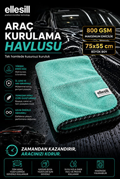Ellesill Profesyonel Tüy Bırakmayan Yeşil Ultra Emici Araç Kurulama Bezi 75x5...