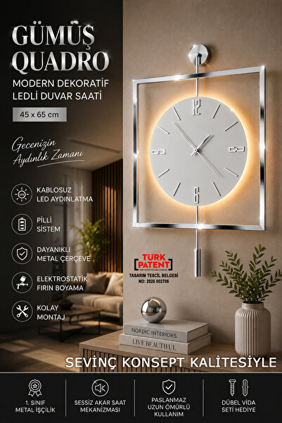 SEVİNÇ KONSEPT Led'li KROM Rengi Quadro Yuvarlak Kristal 45 x 65 cm, Modern D...