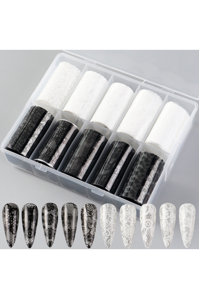 Choice G-596-02 10 Rolls Black & White Lace Nail Foil Transfer Sticker Elegan...