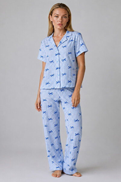 FİT WOMEN Set de pijamale cu dungi și model cu panglică albastră 4645-Albastru