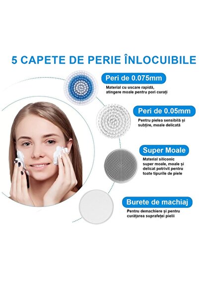 LittleDomi Perie de Curatare Faciala LittleDomi, 2 in 1, Vibratii, 4 Capete, 2 Viteze, Acumulator Inclus