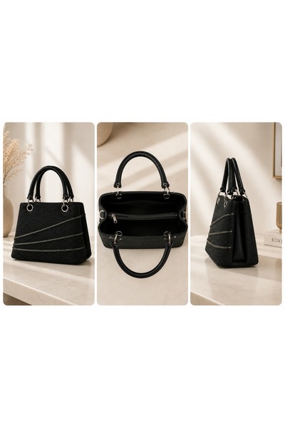 zemihra Small Size Multi-Compartment Women's Hand and Shoulder Bag with Sequin Detail and Stone Stripes, Fully Lined Inside, Black 24X17X12 cm