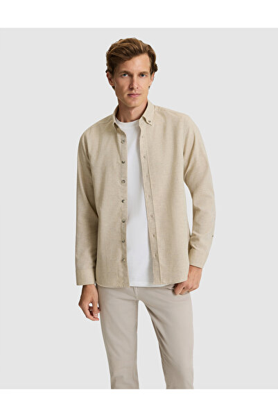 Pierre Cardin Beige Flannel Textured Slim Fit Long Sleeve Shirt 50316751-Vr011