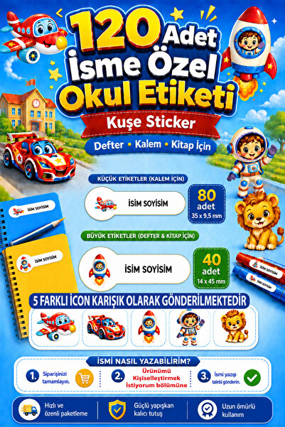 cabuk baskı Erkek Çocuklara Özel 120 Adet İsimli Okul Etiketi Sticker Seti 5 ...