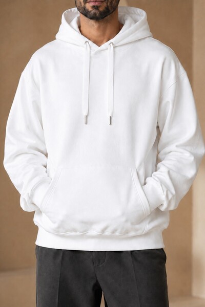 Generic Men's White Long Sleeve Hoodie with Drawstring Hood and Front Pocket,...