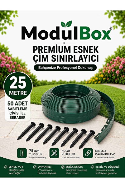 MODULBOX ESNEK PVC ÇİM AYIRICI, BAHÇE PEYZAJ DÜZENLEYİCİ, ( 25 METRE YEŞİL ) ...