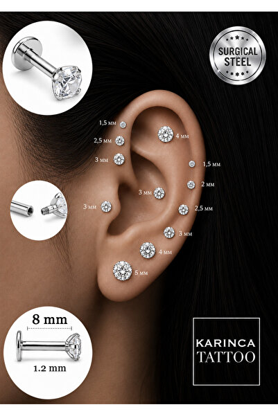 Karınca Piercing 8mm Taşlı Piercing Tragus Helix Kulak Kıkırdak Flat Conch Du...